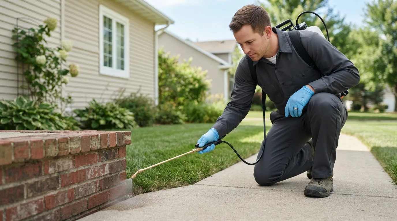 Pest control technician treating a home near East Wilton, ME