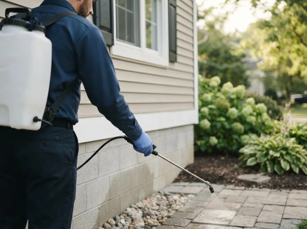 Pest control technician inspecting a home in East Wilton, ME